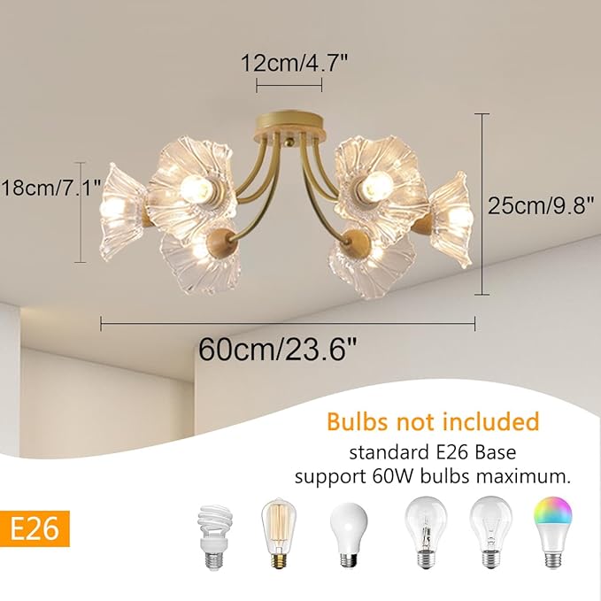 Gold Brass Flush Mount Ceiling Lights Fixture 6-Light Mid Century Modern Ceiling Light with Clear Glass Flower Shape Shade Sputnik Ceiling Lighting for Bedroom Living Dining Room