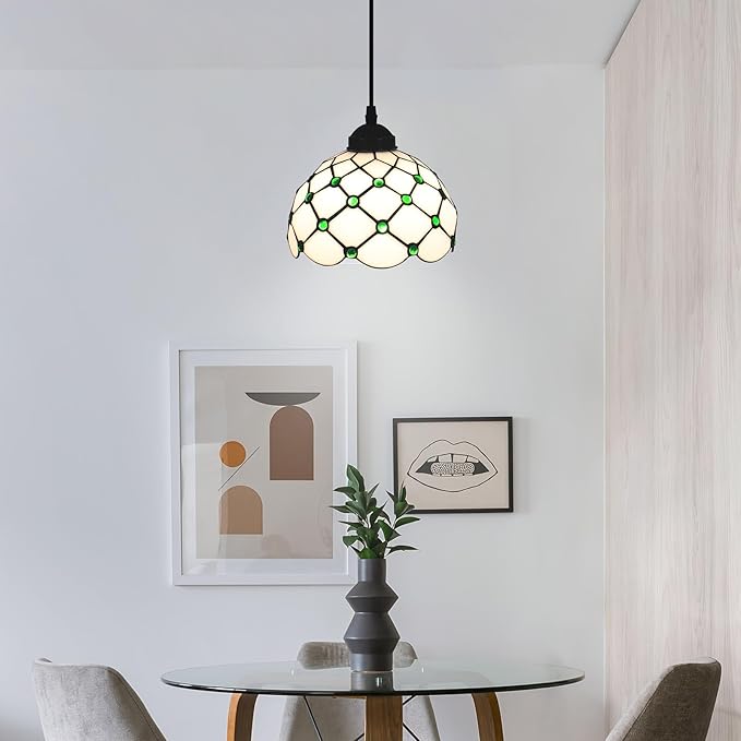 Pendant Lights Green Amber Bead Stained Glass Hanging Lamp Adjustable Lamp for Dinning Room, 8 Inch Hanging Lights for Kitchen, Living Room, Foyer