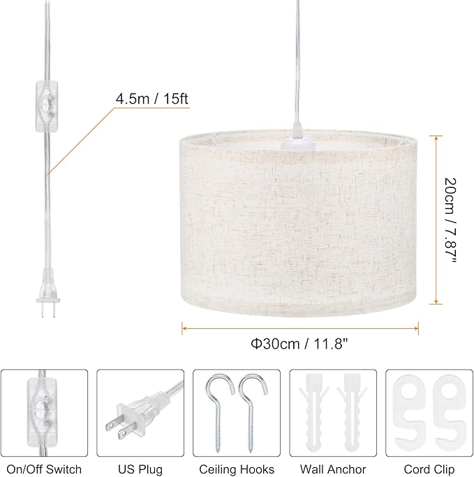 PATIKIL Plug in Pendant Light, 2 Pack 15Ft Rope Cord Hanging Lamp Fixture with ON/Off Switch, Linen Fabric Shade E26/E27 Bulb Socket for Bedroom Kitchen Living Room, Beige