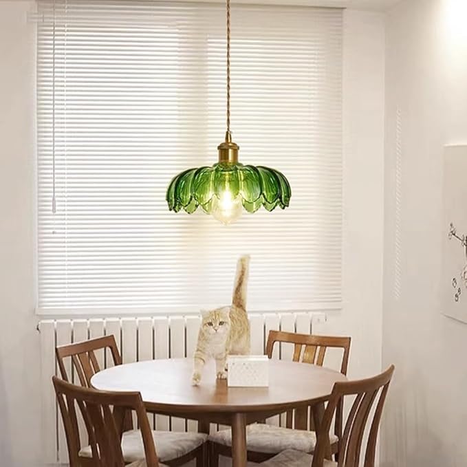 Plug in Pendant Light with Green Glass Lamp Shade Brass Vintage Hanging Light Fixture Adjustable Chandelier for Kitchen Island Dining Room Bedroom Living Room Hallway (Green)