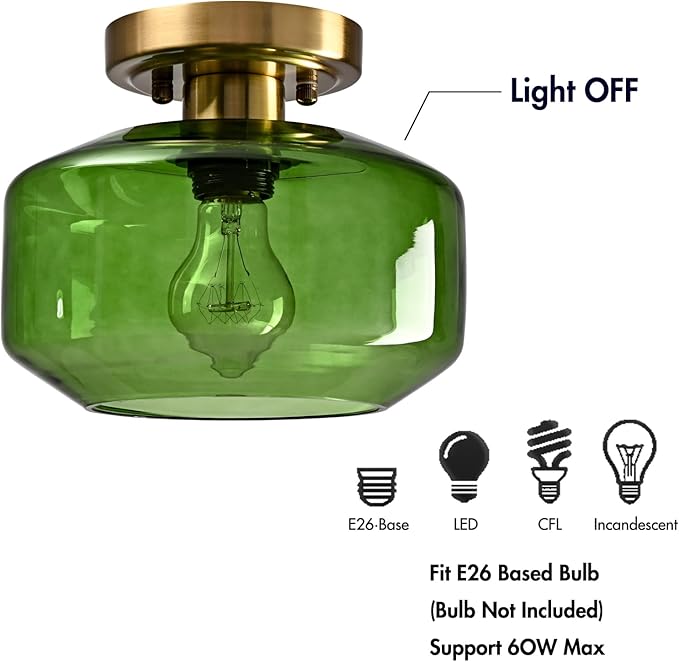 Vintage Semi Flush Mount Ceiling Light with Open Green Glass Shade Mid Century Modern Light Fixture for Living Room, Hallway, Bedroom