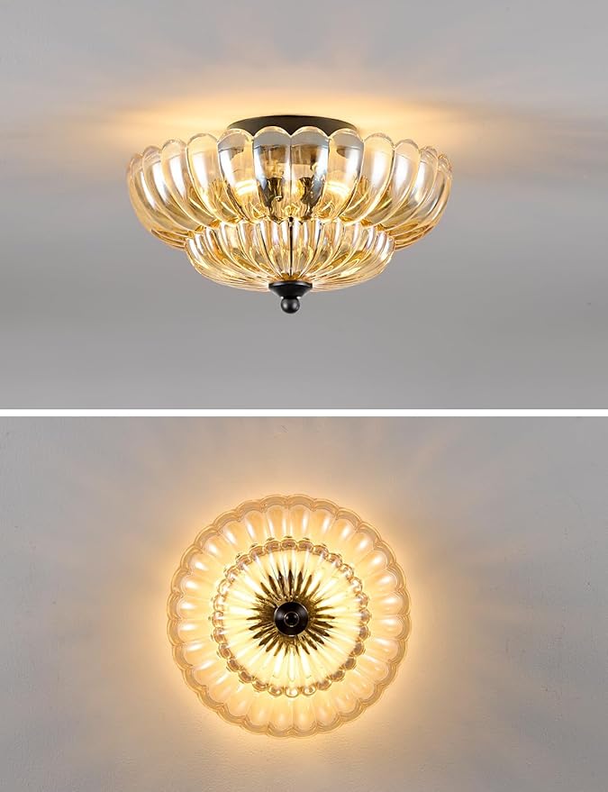 Semi Flush Mount Ceiling Light, Amber Glass Ceiling Light Fixture, 3-Bulb Modern Black Close to Ceiling Light, Vintage Glass Ceiling Lights for Bedroom Kitchen Living Room, Bulb Not Included