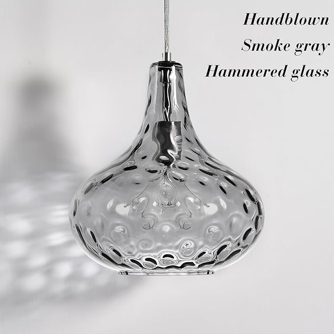 CATINER 11" Smoked Hammered Glass Pendant Light – Blown Glass Ceiling Fixture with Brushed Nickel Finish, Modern Industrial Lighting for Kitchen Island, Dining Room, Hallway, Living Room
