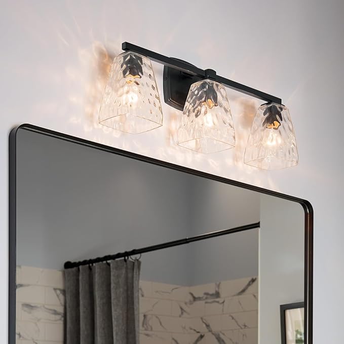 Kichler Marant 21.25" 3-Light Bathroom Vanity Light Fixture with Clear Water Glass in Black, Modern Wall Mount Over Mirror for Powder Room (21.25" W x 9.5" H), 55216BKWTR