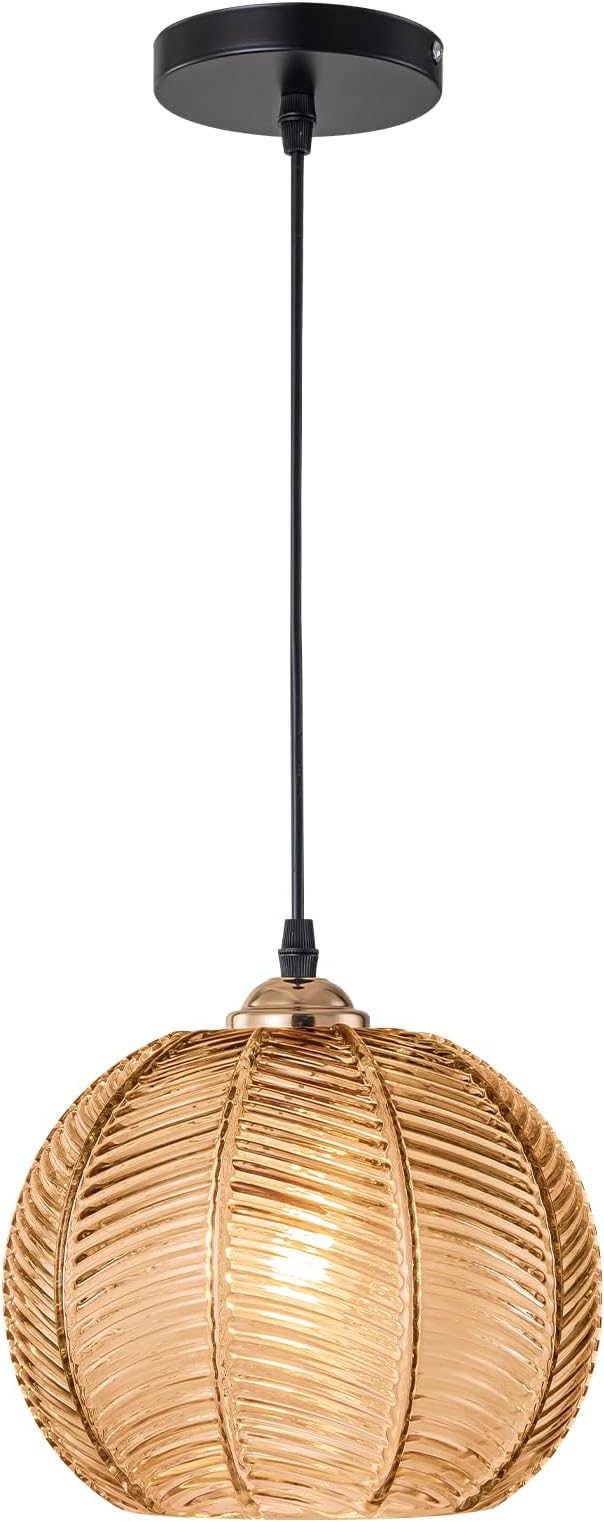 Amber Glass Pendant Lights Kitchen Island Lighting 1-Light Farmhousde Ribbed Globe Pendant Light Fixture Adjustable Gold Ceiling Hanging Lamp for Kitchen Island Dining Room Bedroom Living Room