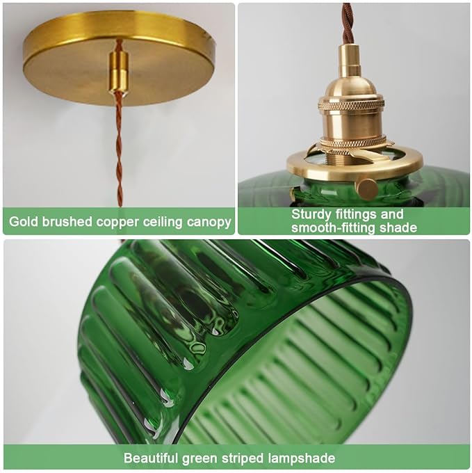 Single Glass Pendant Light Green Striped Glass Shade Brushed Brass Gold Pendant Lights Fixture Farmhouse 1-Light Vintage Industrial Ceiling Hanging Light for Dining Room Kitchen Island