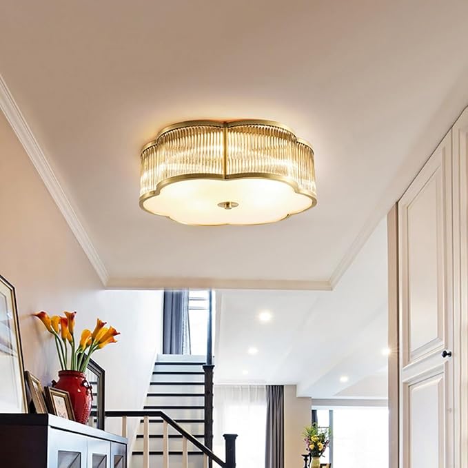 Modern Floral Flush Mount Ceiling Light,Art Deco Brass Ceiling Light,Gold Scalloped Light Fixture,Frosted Glass Ceiling Lamp for Hallway Bedroom Dining Room and Kitchen
