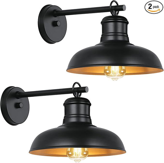 Outdoor Wall Lights, Black and Gold Indoor Outdoor Barn Lights with E26 Socket, Anti-Rust Waterproof Exterior Lighting Fixtures for House Patio Porch Doorway(2 Pack)