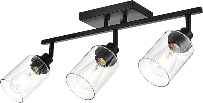 3-Light Track Lighting Kit Black Track Lighting Fixtures Bathroom Wall Sconces Ceiling Mount Kitchen Tracking Lights, Rotatable Spotlight with Clear Glass Shade for Kitchen Shop Hallway