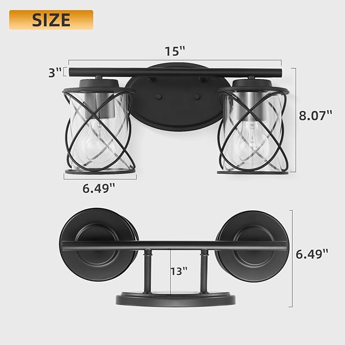 mavcadonf 2-Lights Vanity Lights, Bathroom Light Fixtures Over Mirror, Matte Black Vanity Light, Farmhouse Wall Lights with Clear Glass Shade, Bathroom Wall Lamp for Mirror Kitchen Bedroom