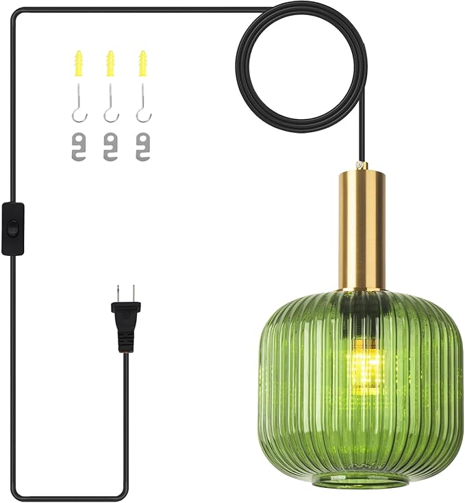 Plug in Glass Pendant Light 1-Light Gold Industrial Light with 14.7FT Black Cord Mid-Century Modern Pendant Lamp for Kitchen Sink Living Room Bedroom, Indoor Green Glass Lamp