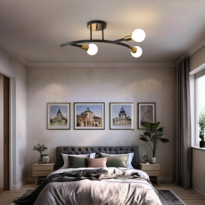3-Lights Modern Sputnik Semi Flush Mount Ceiling Light Fixture Black and Gold,Mid Centur Minimalist sputnik Chandelier for Hallway,Dining Room,Bedroom,Kitchen,Living Room(Bulbs Not Included)
