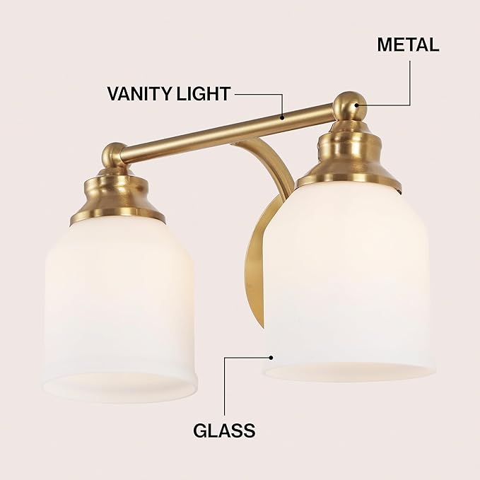 JONATHAN Y 14" Brass Gold/White Modern Farmhouse LED Vanity Light Wall Sconce Fixture, Frosted White Glass Shade, Dimmable Wall Lamp for Bathroom Mirror Kitchen Sink, UL Listed (JYL7550B)