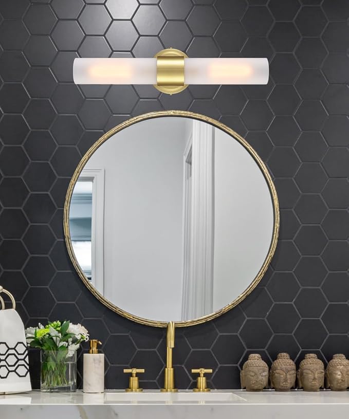 DAYCENT Gold Bathroom Light Fixtures 2-Light Frosted Glass Wall Sconce Modern Brass Glass Wall Light Fixtures Cylinder Vanity Lights Bedside Mirror Lighting for Hallway Bedroom, 20" H