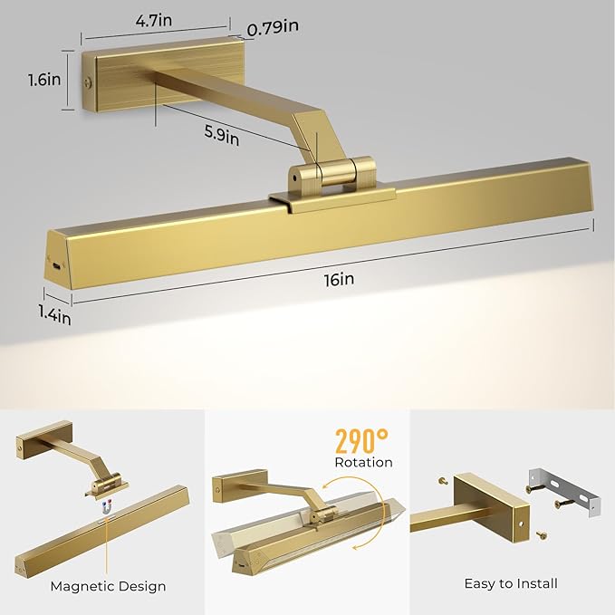 Afyuol Picture Lights for Wall, Brushed Gold Battery Operated Picture Light 16in Art Light CCT Dimmable Recharging Battery Wall Light with Remote Control for Living Room Gallery 2PCS