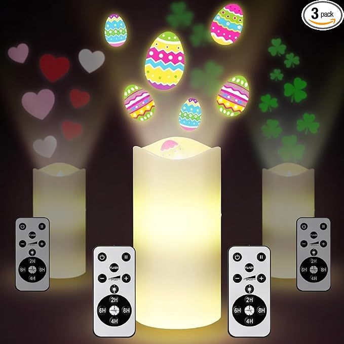 Baquler Easter Flameless Candles Egg Projector Lights Easter Basket Stuffers Spring Home Table Decor Egg LED Candle Night Light with Remote and Timer Battery Operated Gifts for Holiday Indoor Decor