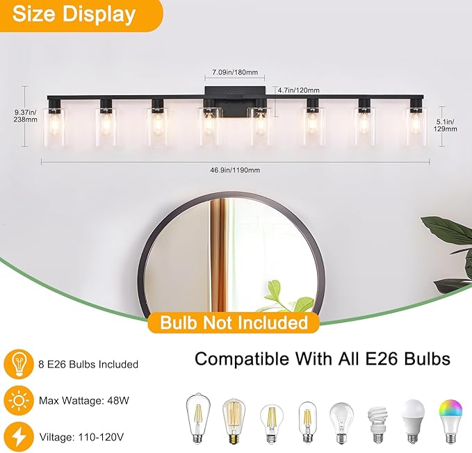 8-Light Black Vanity Light Fixtures,50" Bathroom Light Fixtures Clear Glass ShadeRust and Moisture Resistant Easy to Install Vanity Lights for Luxury Bathroom Light Over Mirror