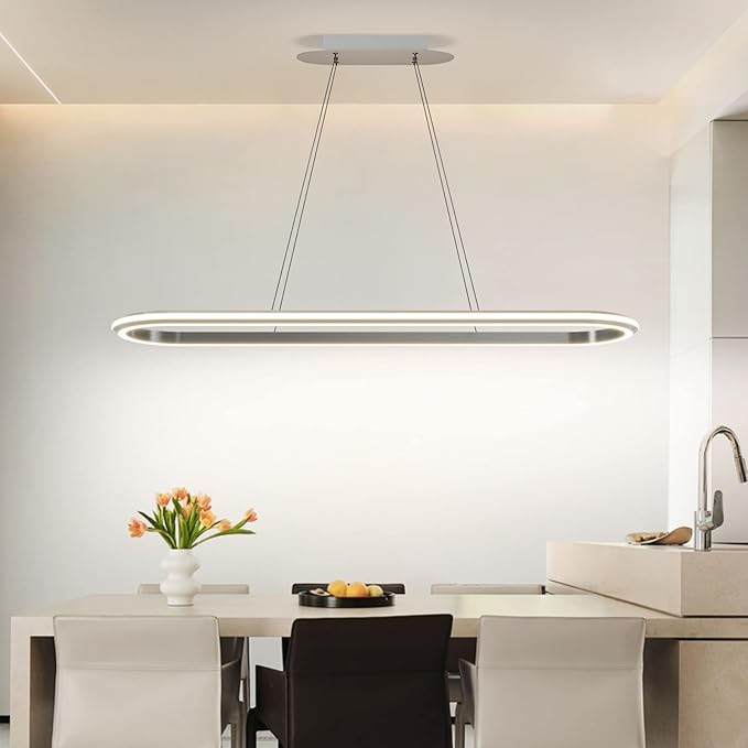 Island Lights, Linear Pendant Light LED Dimmable Hanging Light Fixture, 3000K-6000K with Remote Control,Chandeliers for Dining Room‎(Silver,43.3IN)