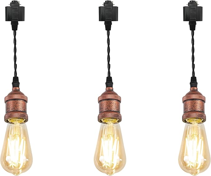 Kiven H-Type Track Lighting Pendants,Industrial h Track Pendant Lights with 7 Inch Cord Length Black Weave Rope,3 Pack Track Lighting Fixture,Vintage Red Finish