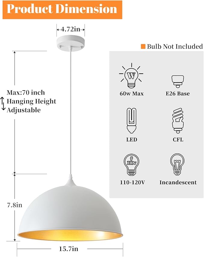 White Pendant Lights Kitchen Island 15.7", Modern Large Pendant Light Adjustable Height, Farmhouse Dome Hanging Light for Dining Room Bedroom Foyer Barn