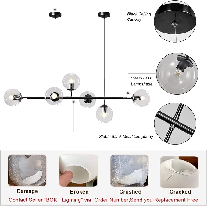 BOKT 6-Light Clear Glass Globe Pendant Light Mid Century Modern Rectangular Sputnik Chandelier Vintage Black Linear Kitchen Island Dining Pendant Lighting Fixture