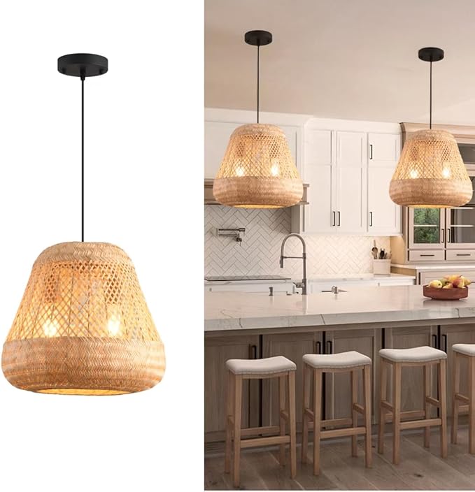 2-Light Rattan Pendant Light,Handmade Rattan Woven Wicker Boho Chandelier Light Fixture Kitchen Island Bedroom Living Room Dining Room Farmhouse Adjustable Height