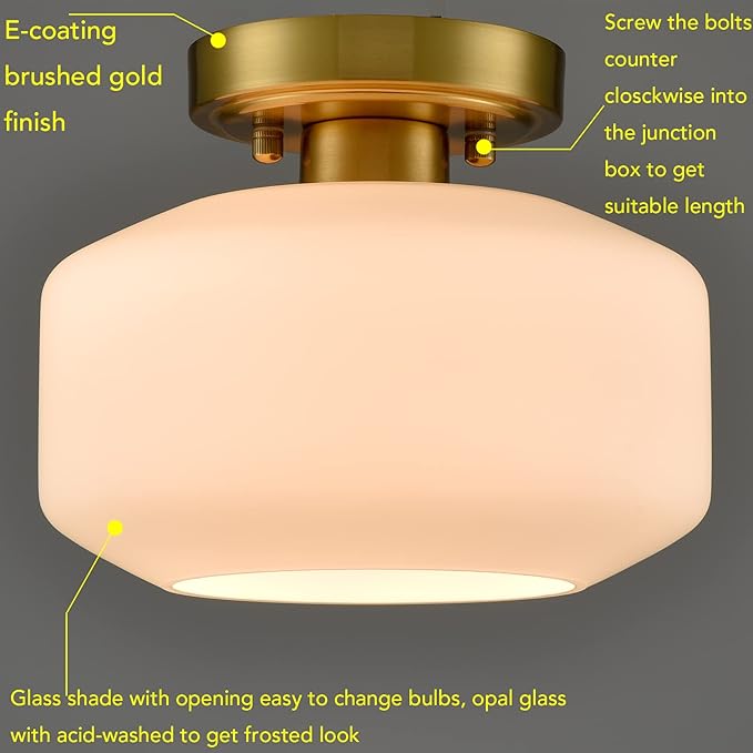 Modern White Semi Flush Mount Ceiling Light Gold Hallway Light Fixture Farmhouse Ceiling Light Opal Milk Glass Shade