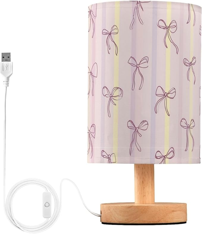 Aslsiy Coquette Pink Bows Bedside Table Lamp Pink Beige Stripes Nightstand Lamp Night Light Fabric Shade for Bedroom Living Room Home Office