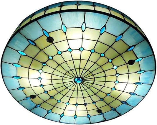 Blue Tiffany Style Ceiling Light, Elegant Stained Glass Flush Mount Ceiling Light, Decorative Round Ceiling Lamp for Bedroom, Entryway (15.7")