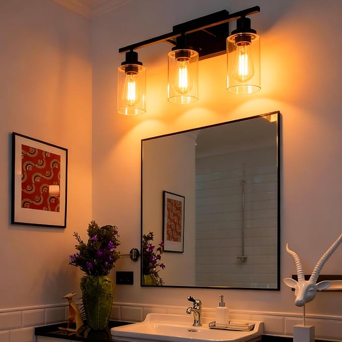 MELUCEE Bathroom Vanity Light Fixtures 3 Lights Wall Sconce Black with Clear Glass Shade for Bedroom Living Room Hallway Kitchen (Patent No.: US D963914 S)