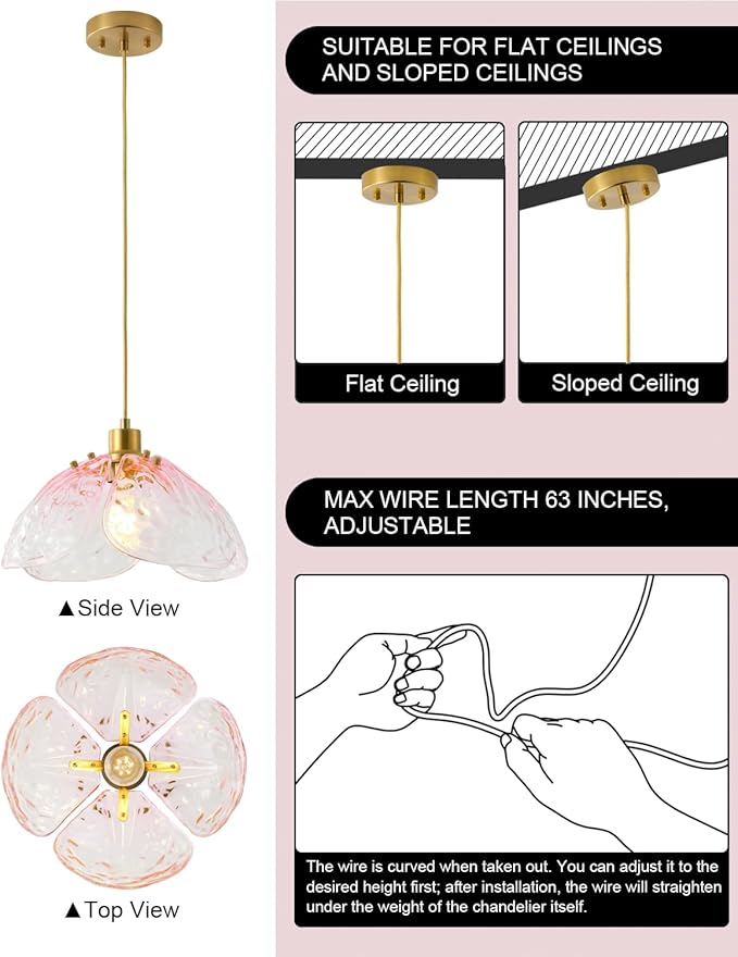 Vintage Gradient Pink Pendant Light,Bronze Pendant Lighting Fixture with Handmade Leaf Glass for Bedroom,Kitchen,Hallway,Entryway