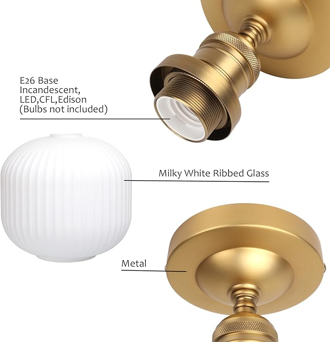 Pathson Vintage Flush Mounted Ceiling Light with Milk White Glass, Brushed Brass Modern Ceiling Lamp Fixture for Farmhouse Hallway Foyer Loft Living Room Bedroom
