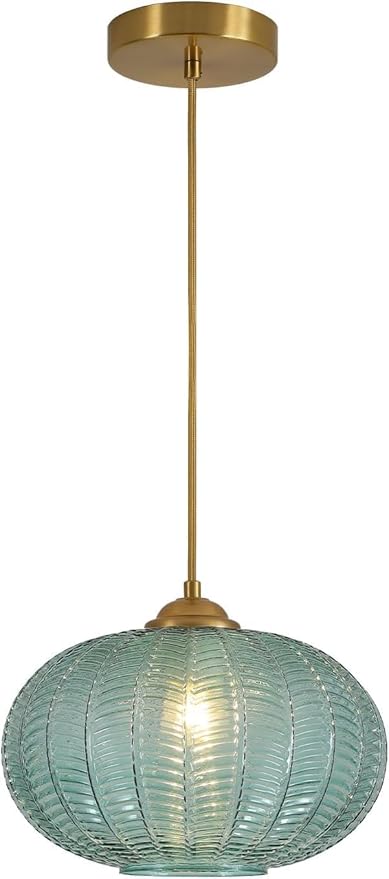 KCO Lighting Green Glass Chandelier Vintage Gold Pendant Light Large Green Ribbed Ceiling Light Antique Brass Hanging Light Mid Century Modern Pendant Lights Kitchen Island