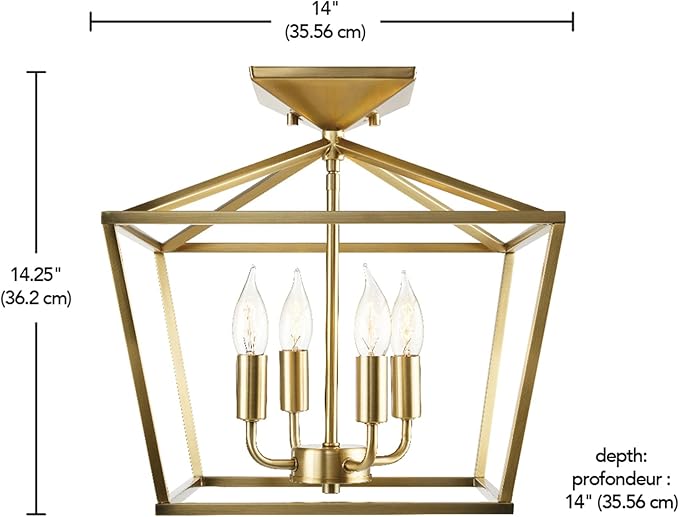 GLOBE Electric 61183 Sheldon 4-Light Semi-Flush Mount Ceiling Light, Brass, Flame Tip Vintage Edison Incandescent Bulbs Included