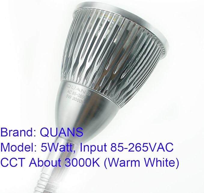 QUANS 5W 5x1W Warm White Clamp Clip on 19inch Flexible Gooseneck High Power LED Desk Table Sewing Study Work Bedside Reading Swing Arm Light Lamp,Ultra Bright Silver 110V US Plug