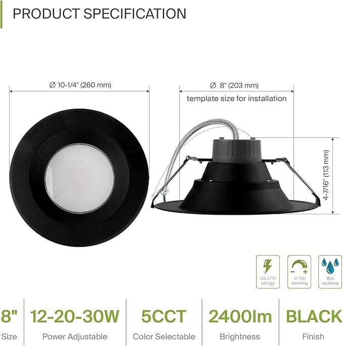 ASD 8 Inch Commercial Canless LED Downlight, Power Adjustable 12/20/30W Lighting, Round Dimmable Recessed Ceiling Light Fixture, 5 Color Temperatures 2700K-5000K, 120-277V IC Rated UL & Energy Star
