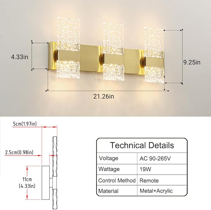 Modern Brushed Gold 6-Lights Bathroom Vanity Light, Eleglant Brass LED Bathroom Light Fixtures over Mirror, Dimmable Acrylic Shade Wall Lighting Fixtures, Hardwired Wall Light(H9.25in, L21.26in)