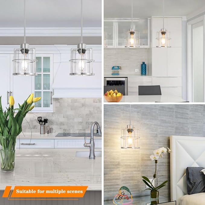 Modern Brushed Nickel Pendant Light Set of 2, Kitchen Island Pendant Light with Cylinder Clear Glass, Farmhouse Adjustable Hanging Light for Kitchen Island Dining Room Hallway
