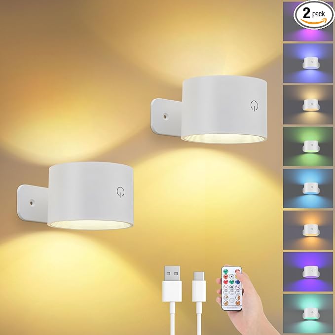 Lightess Battery Operated Wall Sconce Set of 2, 19 Colors Dimmable Wall Lights for Bedroom, 5000mAh Rechargeable Cordless Wall Lamps for Bedroom Hallway, White