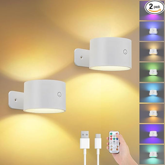 Lightess Battery Operated Wall Sconce Set of 2, 19 Colors Dimmable Wall Lights for Bedroom, 5000mAh Rechargeable Cordless Wall Lamps for Bedroom Hallway, White