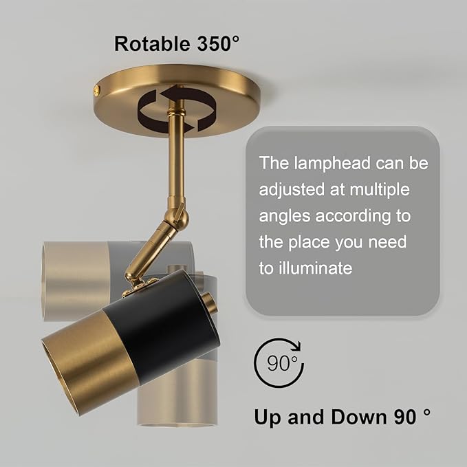 Modern Ceiling Spotlight, Gu10 Spot Lights Indoor with 350° Pivoting, 2-Packs Adjustable Directional Spotlight Indoor, Black and Gold Ceiling/Wall Light for Gallery, Cabinet, Hallway