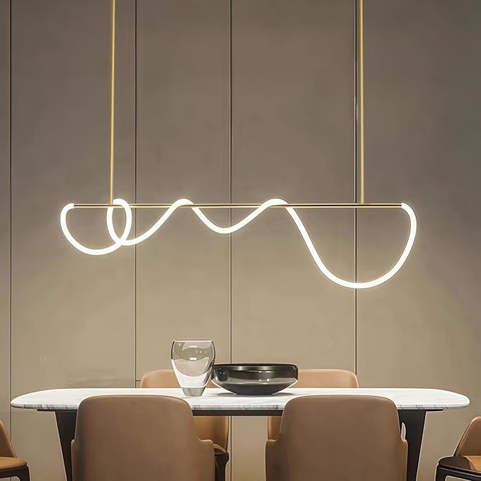 59" Pendant Lights Kitchen Island, 31W LED Dimmable Chandelier with Remote Control, Aluminum Linear Hanging Light Fixture for Dining Room Kitchen Island Bar (Gold, 59 in)