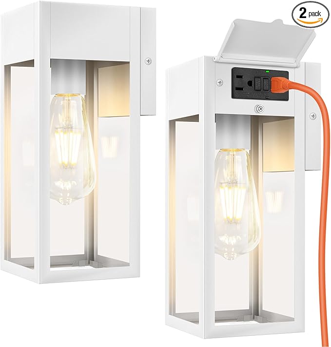 2 Pack Porch Lights Outdoor Wall Sconce, Outdoor Light with GFCI Outlet, Waterproof Exterior Wall Lantern Light Fixtures, Anti-Rust Wall Lamp with Clear Glass for Patio Doorway Garage- White