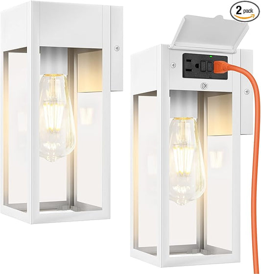 2 Pack Porch Lights Outdoor Wall Sconce, Outdoor Light with GFCI Outlet, Waterproof Exterior Wall Lantern Light Fixtures, Anti-Rust Wall Lamp with Clear Glass for Patio Doorway Garage- White
