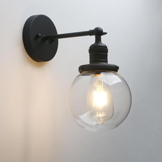 Phansthy 1-Light Wall Sconce, Brass Boho Bathroom Vanity Light, Modern Wall Light with Globe Glass Shade E26 Base, Adjustable Wall Lighting Fixtures for Bedroom, Living Room (Black, Clear Shade)