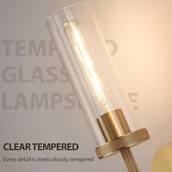 15" Knurled Brass Wall Sconces Set of 2, Gold Bathroom Vanity Light Fixtures with Clear Glass Tube, Modern Lamp Lighting for Bedroom, Living Room, Hallway, Staircase, Mirror, Kitchen