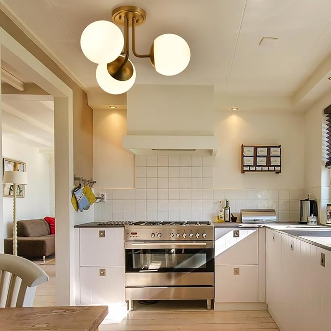 3 Light Semi Flush Mount Ceiling Light Fixture Aged Brass, Modern Globe Chandelier, Sputnik Farmhouse Lighting for Kitchen Bedroom Bathroom Living Room Corridor Laundry Room Bar …
