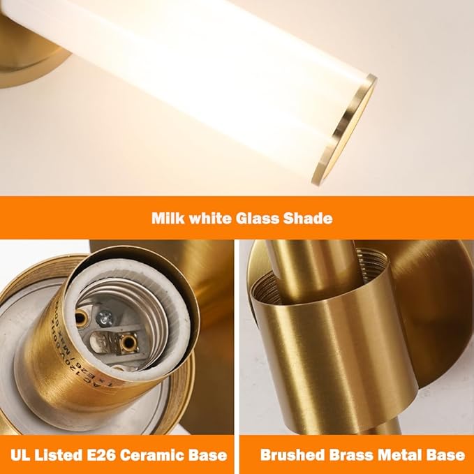 Brushed Gold Wall Sconces Set of 2 (Hardwired Only), Bathroom Vanity Light Fixtures, Modern Mikly White Glass Wall Lights for Mirror 28-40 inch Height, NOT Battery Operated, E26 Base (Without bulb)