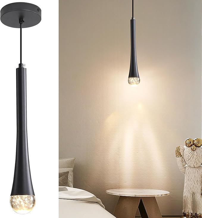 Modern Black LED Pendant Light, Kitchen Island Ceiling Hanging Lights, Teardrop Bubble Crystal, 3 Color 2700K/4500K/6500K, Bedside Small Chandeliers Lamps for Bar, Dining Room, Bathroom, Hallway