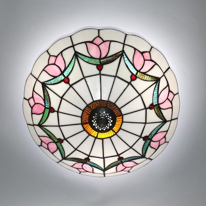16 Inch Tiffany Style Stained Glass Ceiling Light Flush Mount Ceiling Light Vintage Chandeliers Pendent Light Fixtures (16 Inch Pink)
